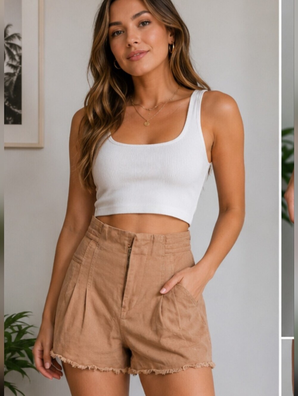 Urban Outfitters High Rise Frayed Hem Cotton Shorts Tan Size